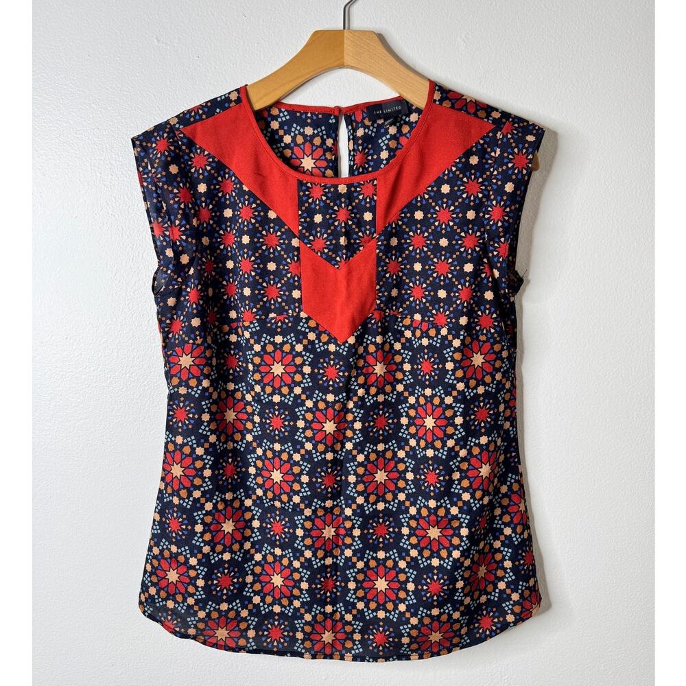 The Limited Small Blue Red Geometric Abstract Floral Silky Cap Sleeve Top Blouse